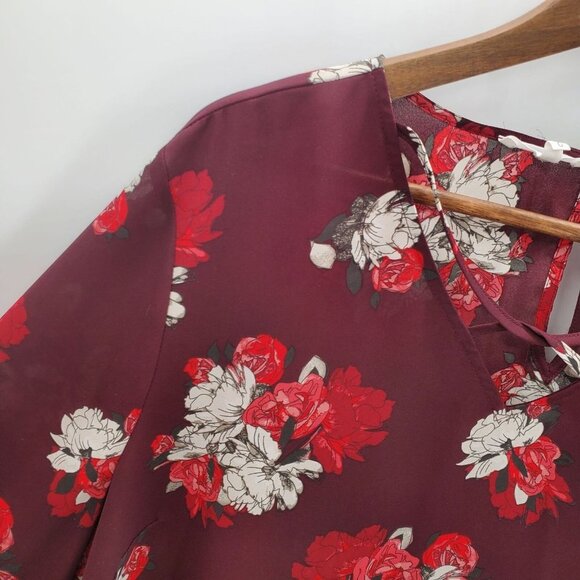 Maurices Womens Floral Semi-Sheer Tunic Top Sz 0 V-Neck Maroon Red Long Sleeve - Picture 5 of 11